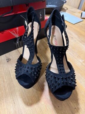 JustFab Black Studded T-Strap High Heel Sandals